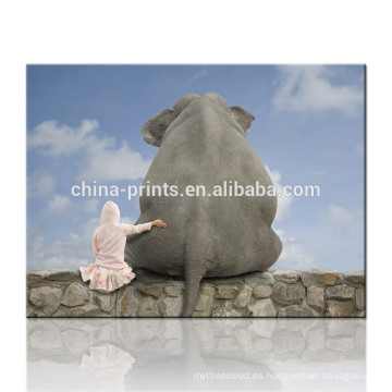 Arte de la lona del elefante y de la muchacha / venta de la pintura de la lona / arte moderno animal de la pared